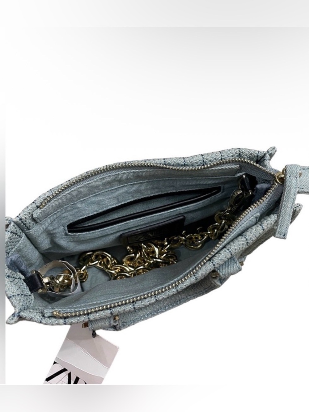 ZARA Light Blue Small Satchel Top Handle Zip Bag Gold Hardware Detachable Strap - Picture 7 of 12